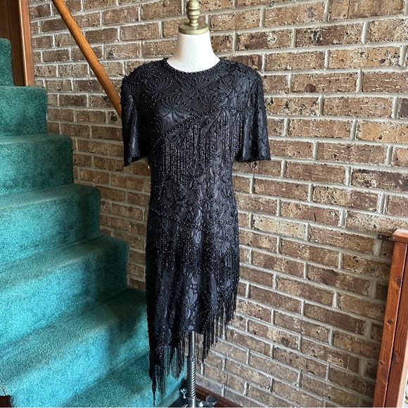 VTG 80s Retro Black Asymmetrical Beaded Fringe Tassel Scala Formal Evening Dress - Picture 1 of 10